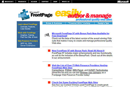 Microsoft FrontPage website in 1996