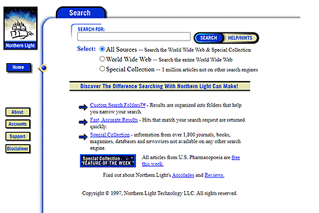 Northern Light Search website in 1997