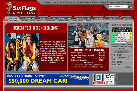 Six Flags website in 2004