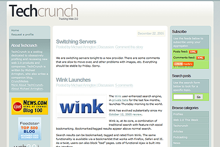 Techcrunch website in 2005