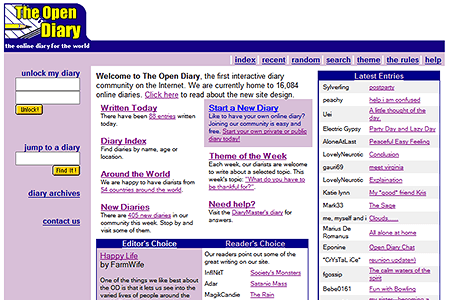 The Open Diary website in 1999