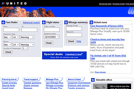 United Airlines website in 2001