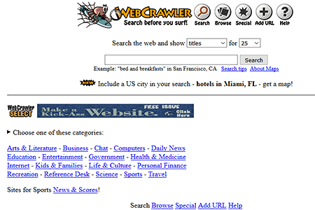 Webcrawler website in 1996