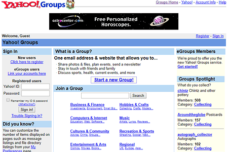 Yahoo Groups website in 2001