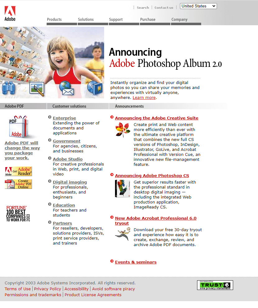 Adobe website in 2003