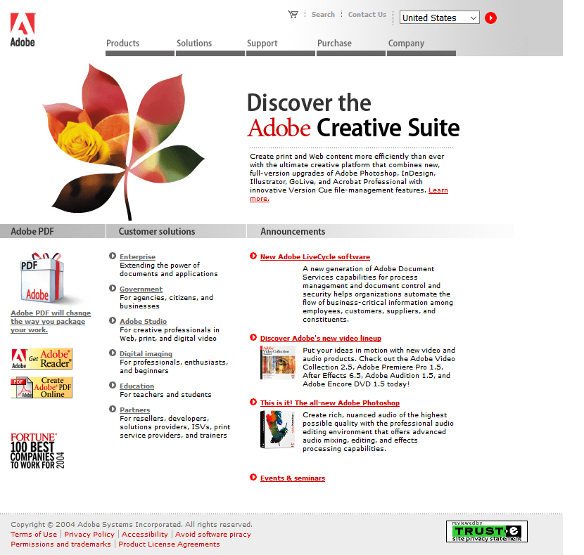 Adobe website in 2004