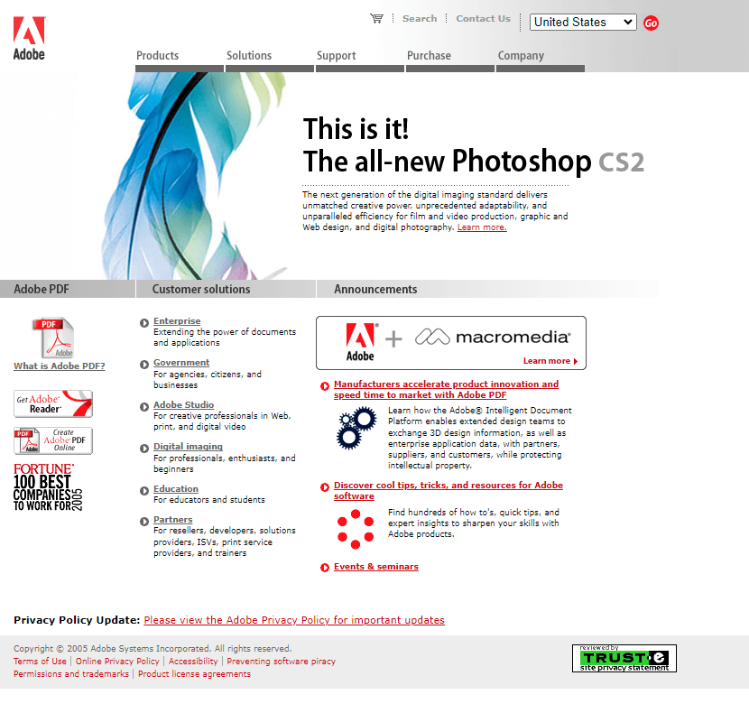 Adobe website in 2005