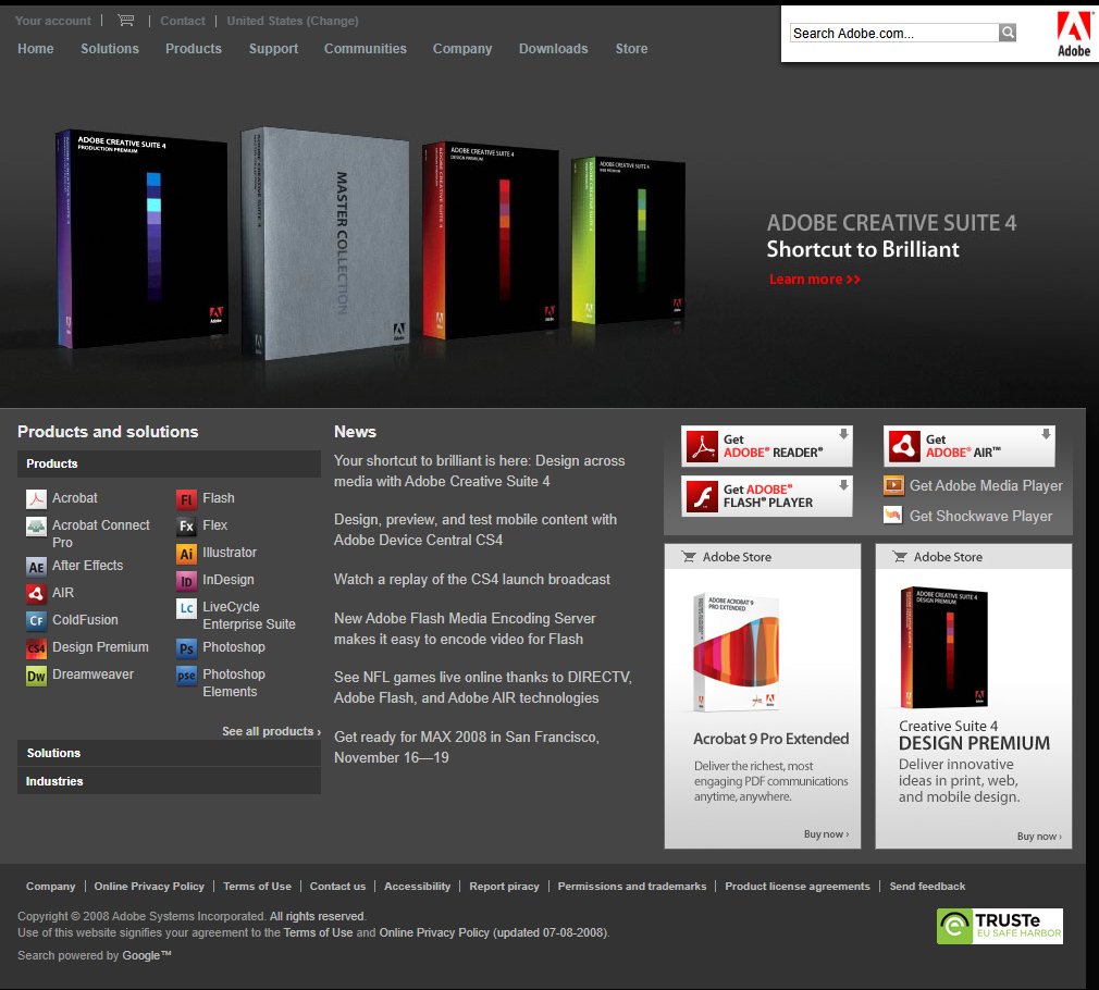 Adobe website in 2008