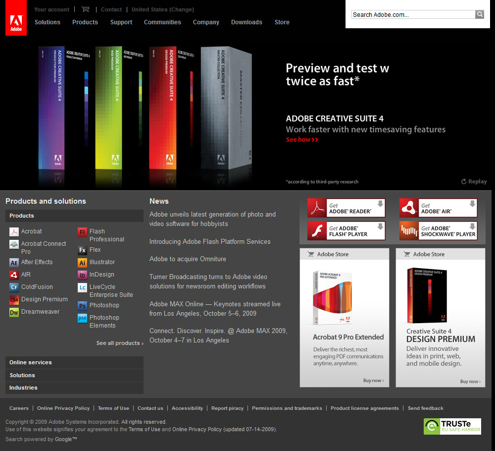 Adobe website in 2009