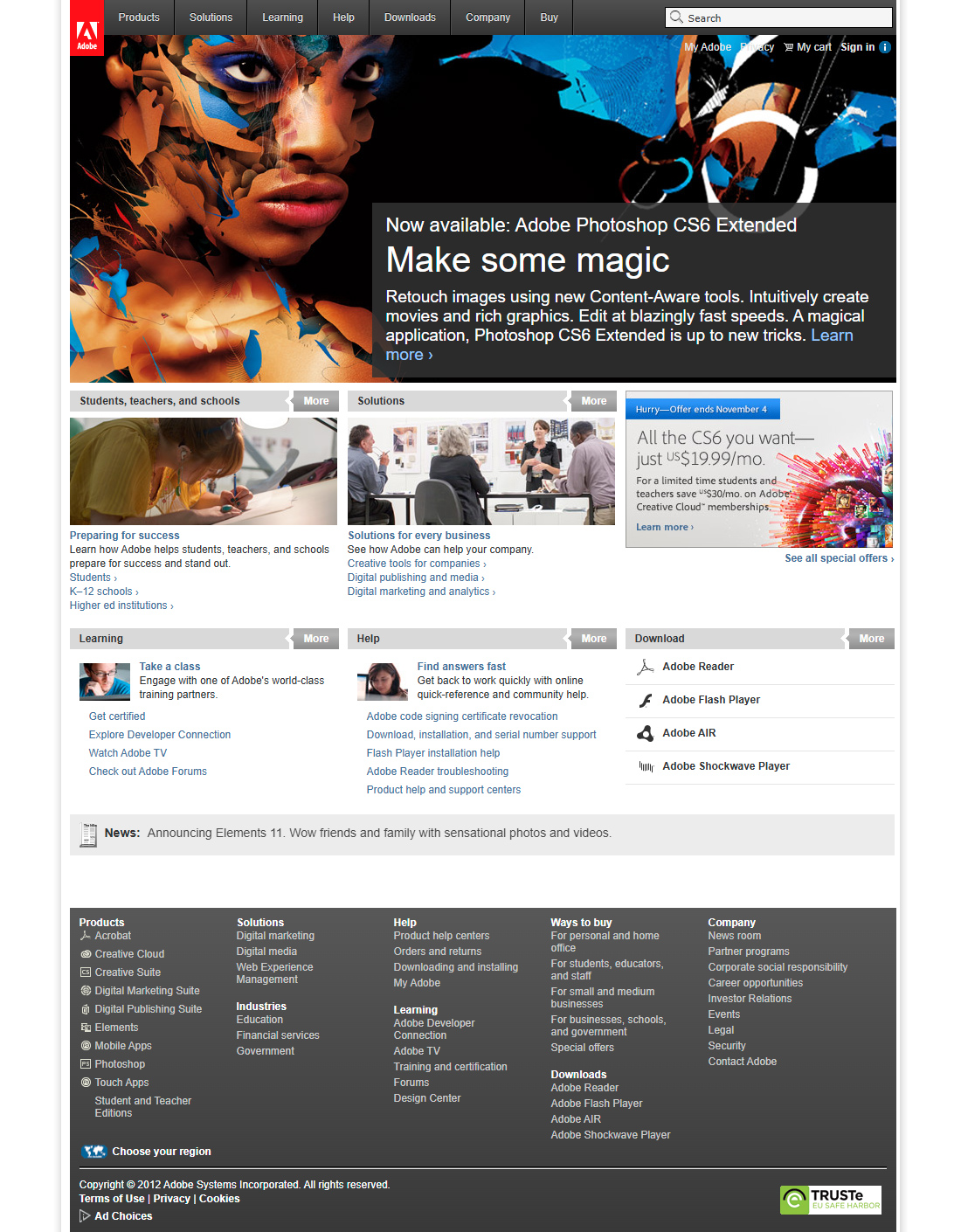 Adobe website in 2012