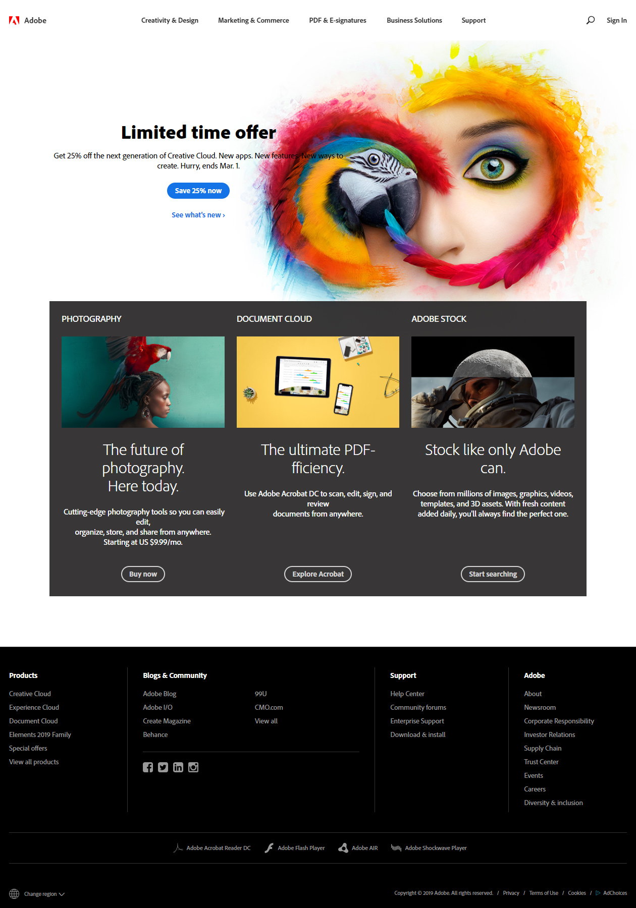 Adobe website in 2019