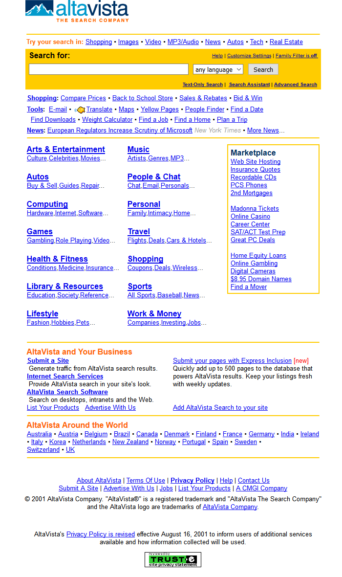 AltaVista website in 2001