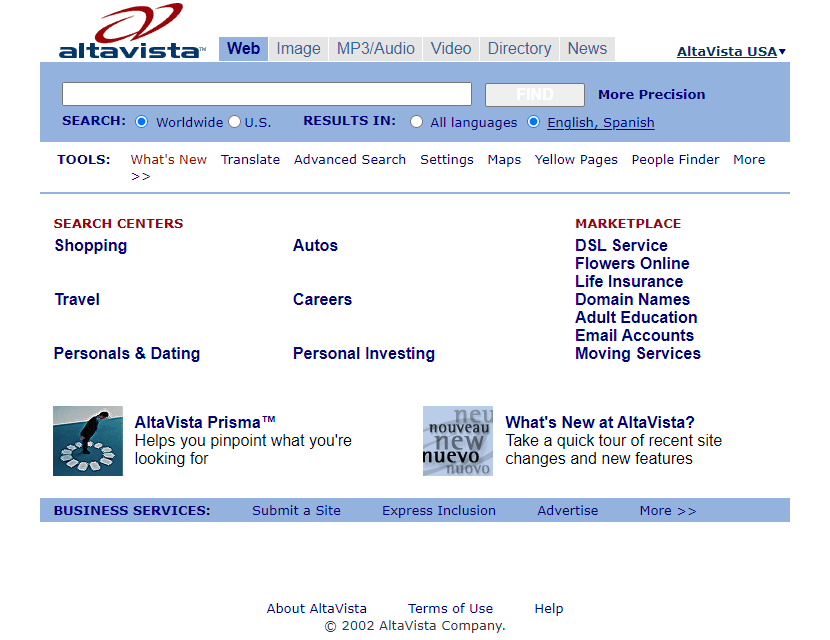 AltaVista website in 2002