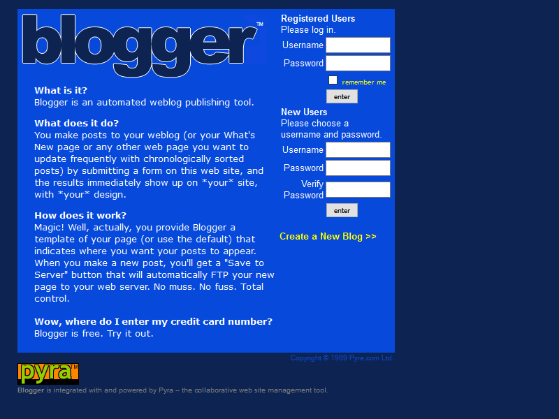 Blogger.com website in 1999