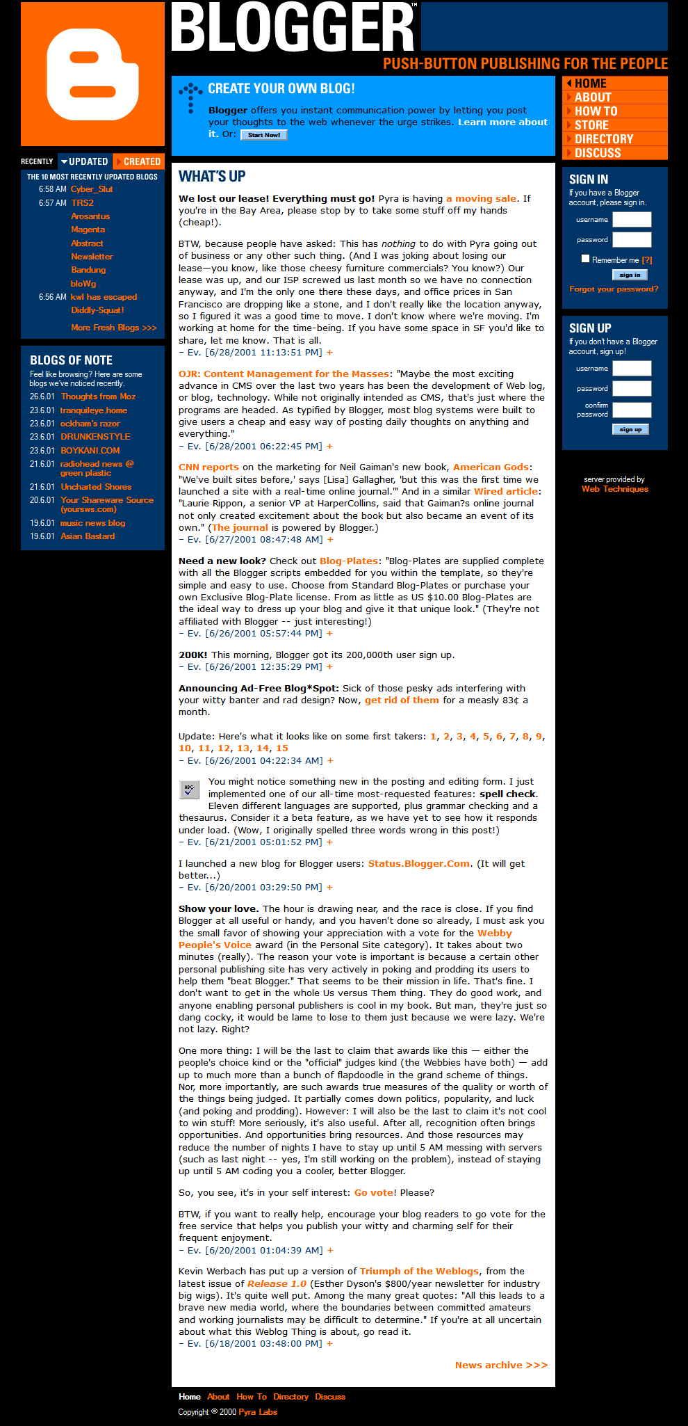 Blogger website in 2001