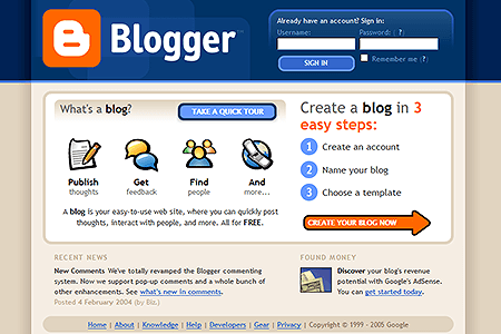 Blogger website in 2005