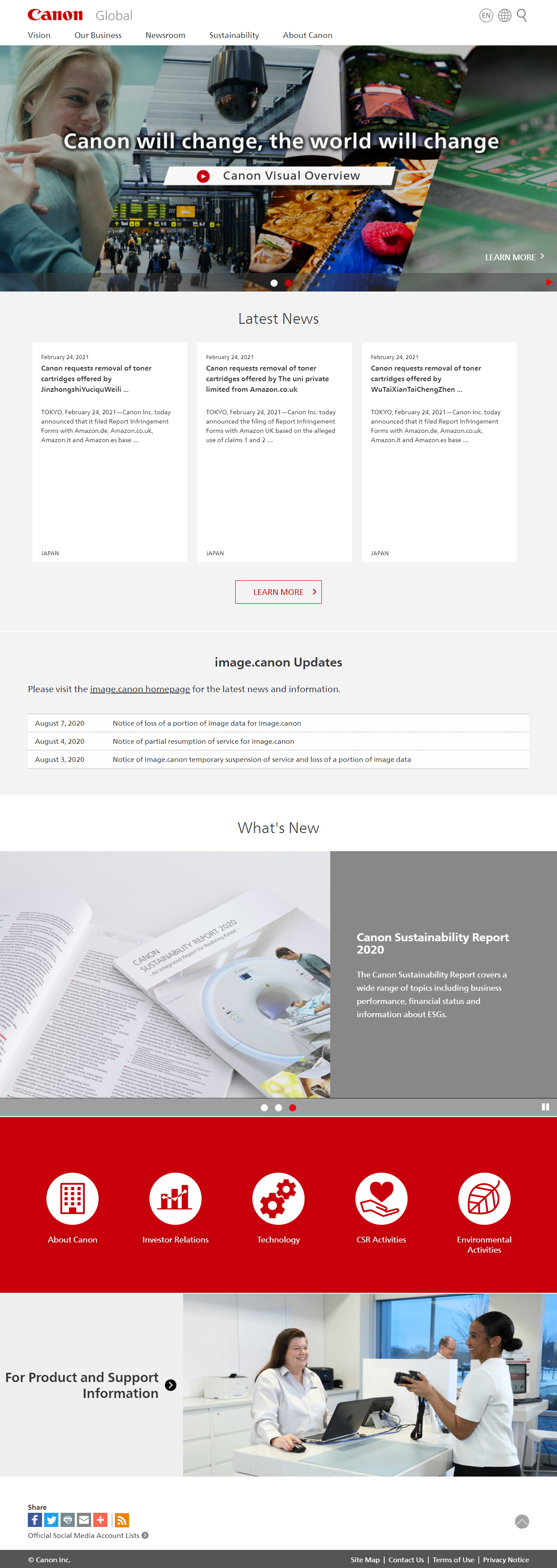 Canon website in 2021