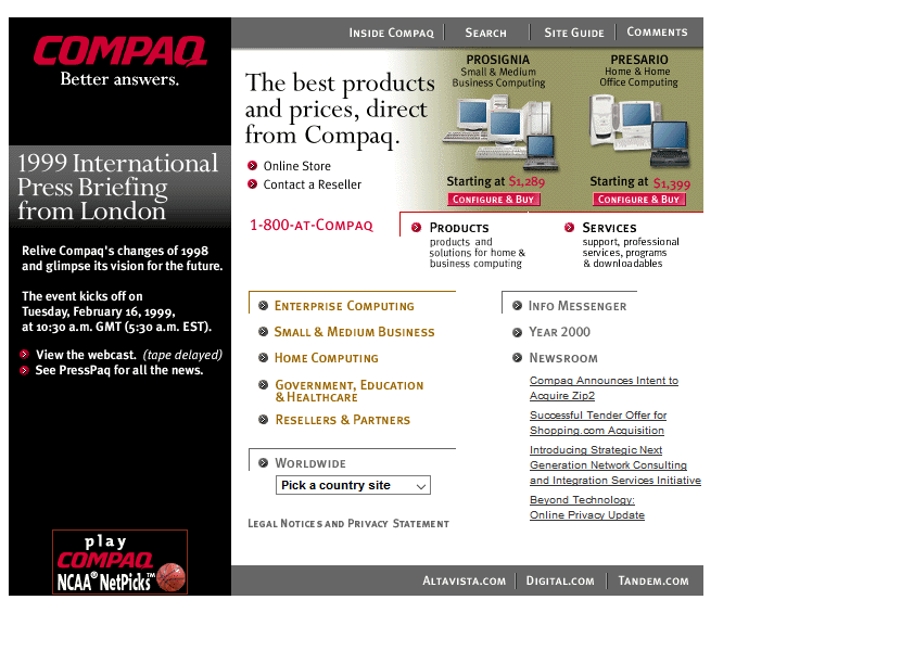 Compaq website in 1999
