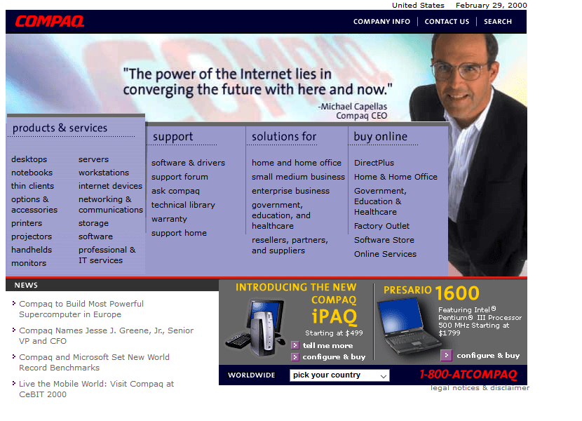 Compaq website in 2000