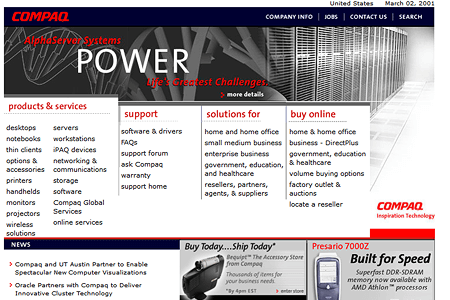 Compaq website in 2001