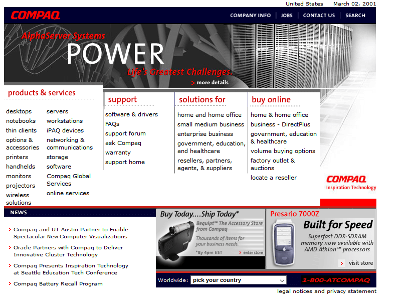 Compaq website in 2001