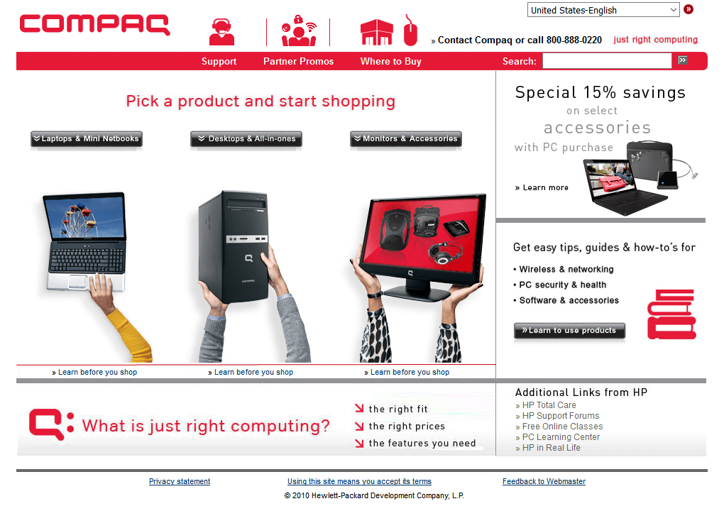 Compaq website in 2010