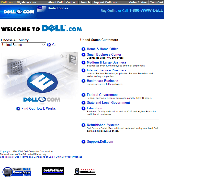 Dell website in 2000