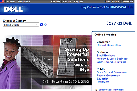 Dell website in 2001