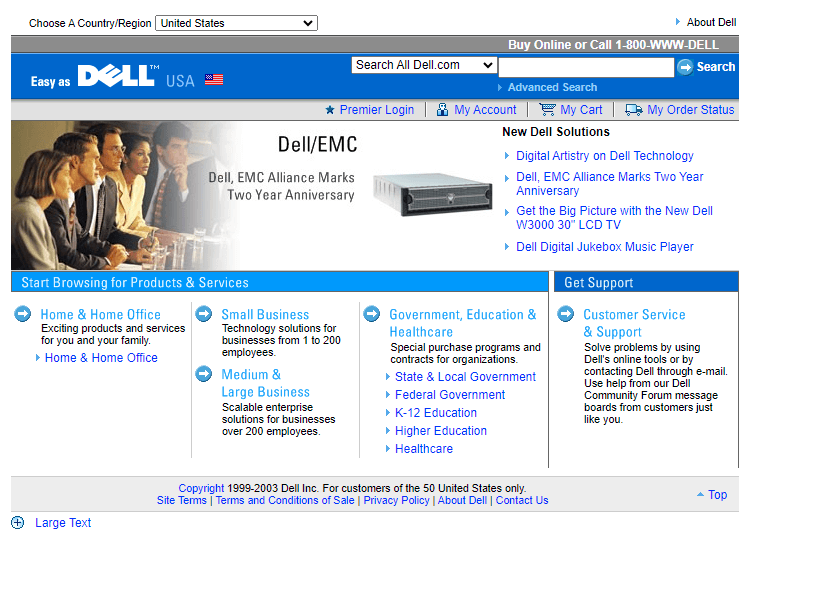 Dell website in 2003
