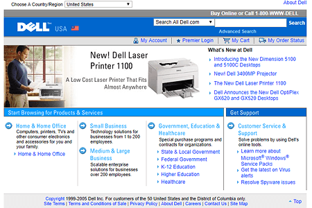 Dell website in 2005
