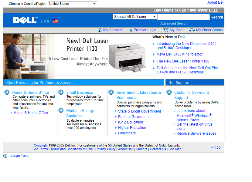 Dell website in 2005