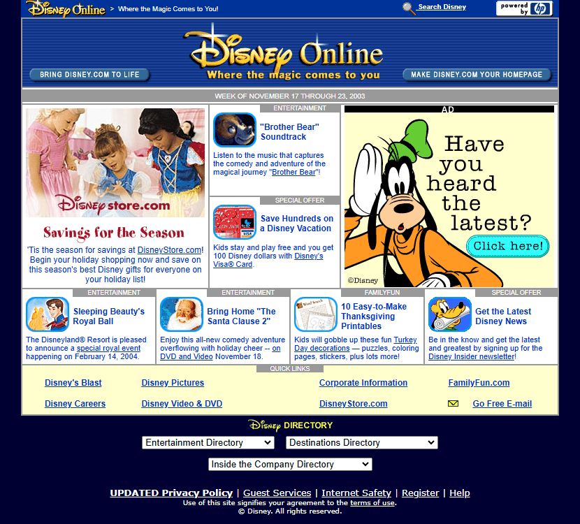 Disney website in 2003