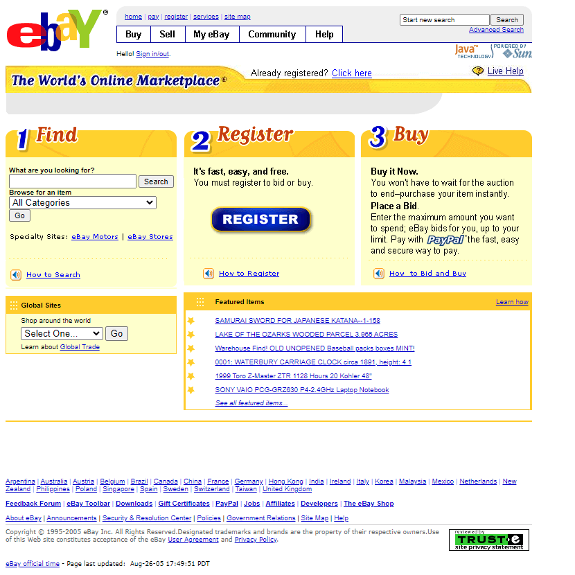 eBay website in 2005