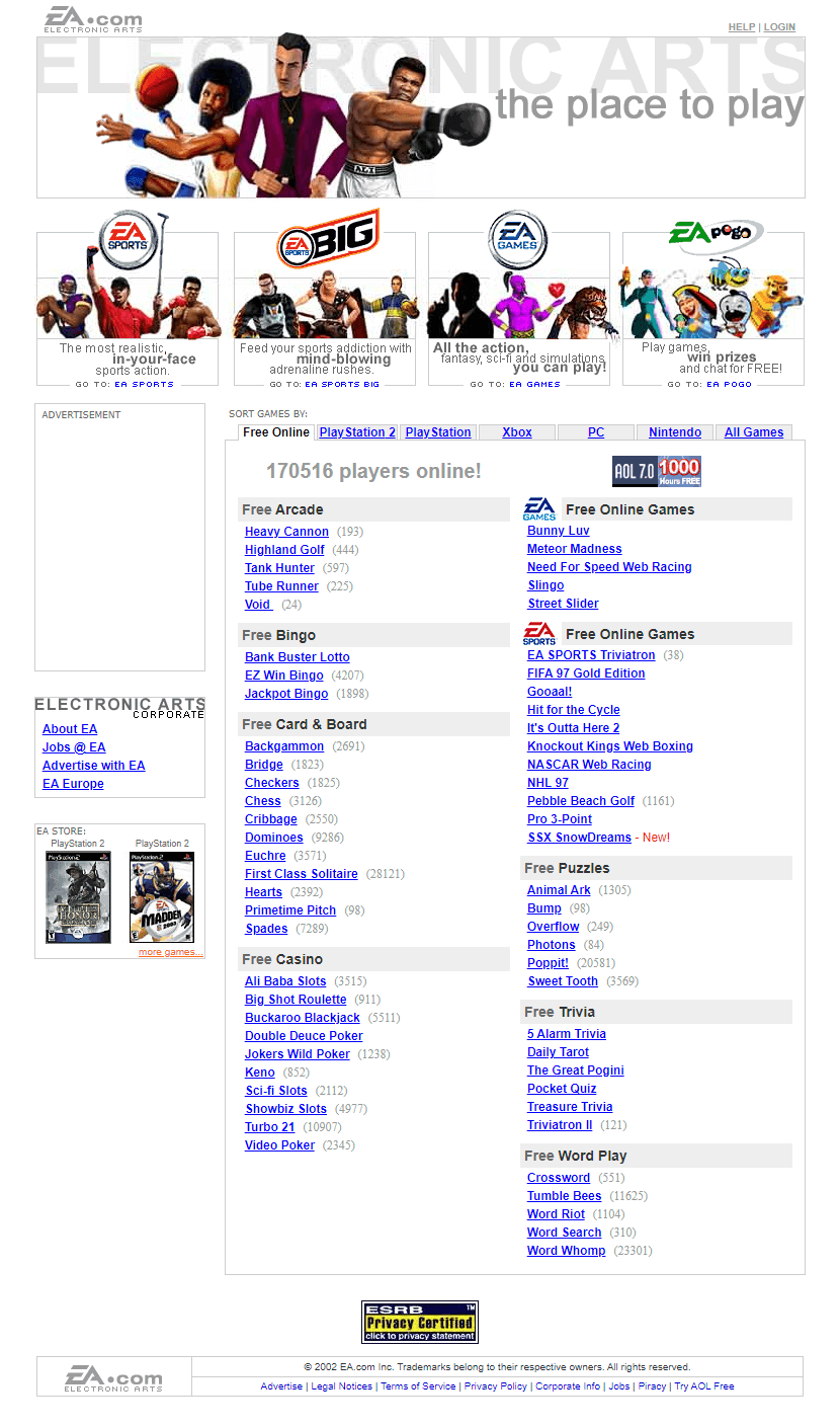 Electronic Arts website in 2002