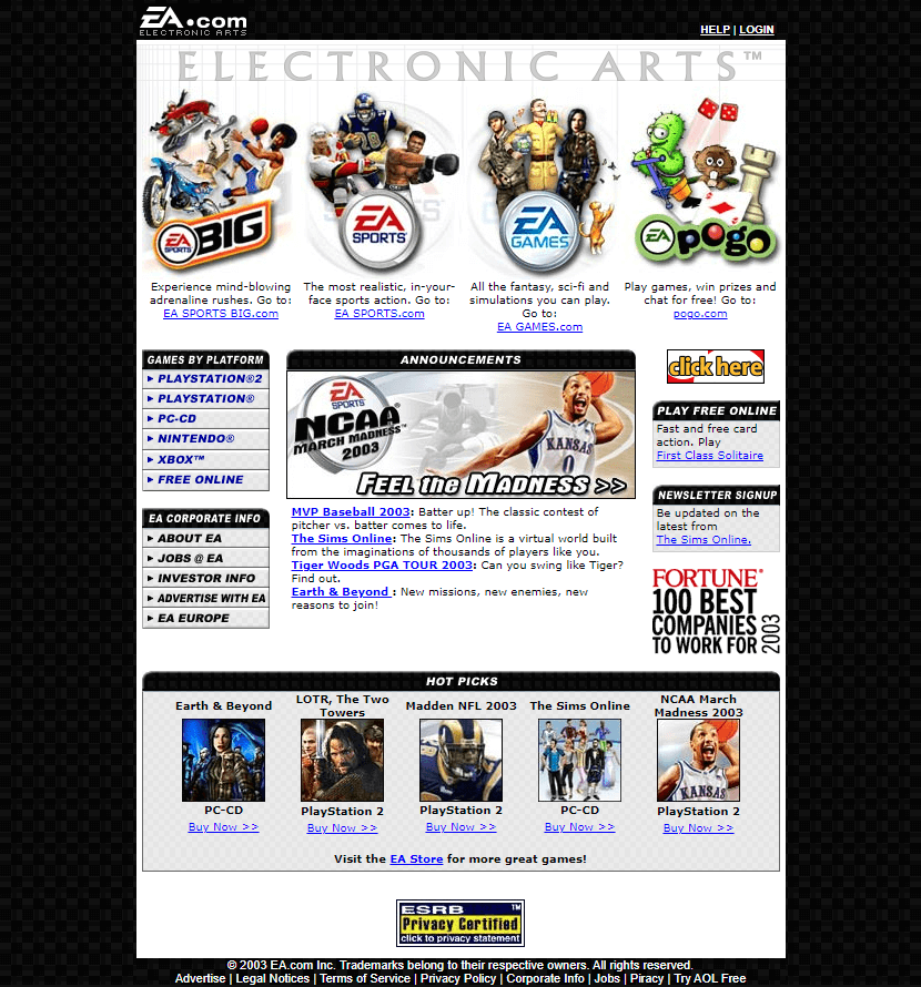 Electronic Arts website in 2003