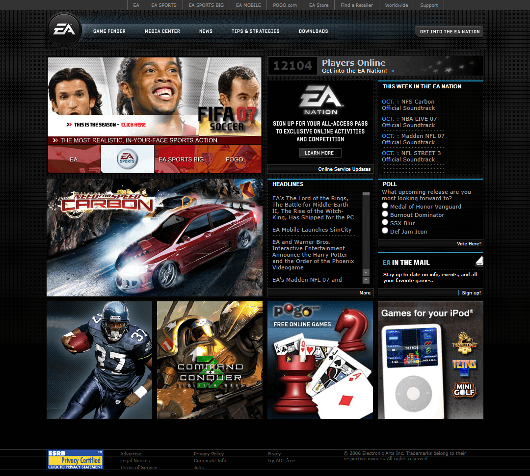 Electronic Arts website in 2006