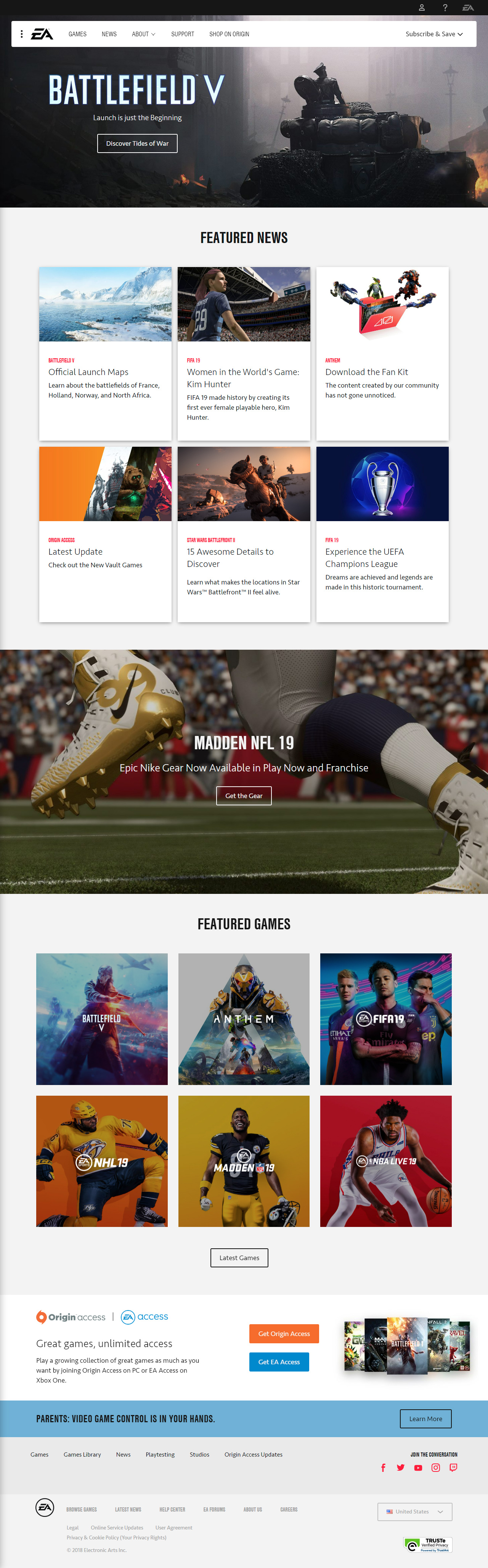 Electronic Arts website in 2018