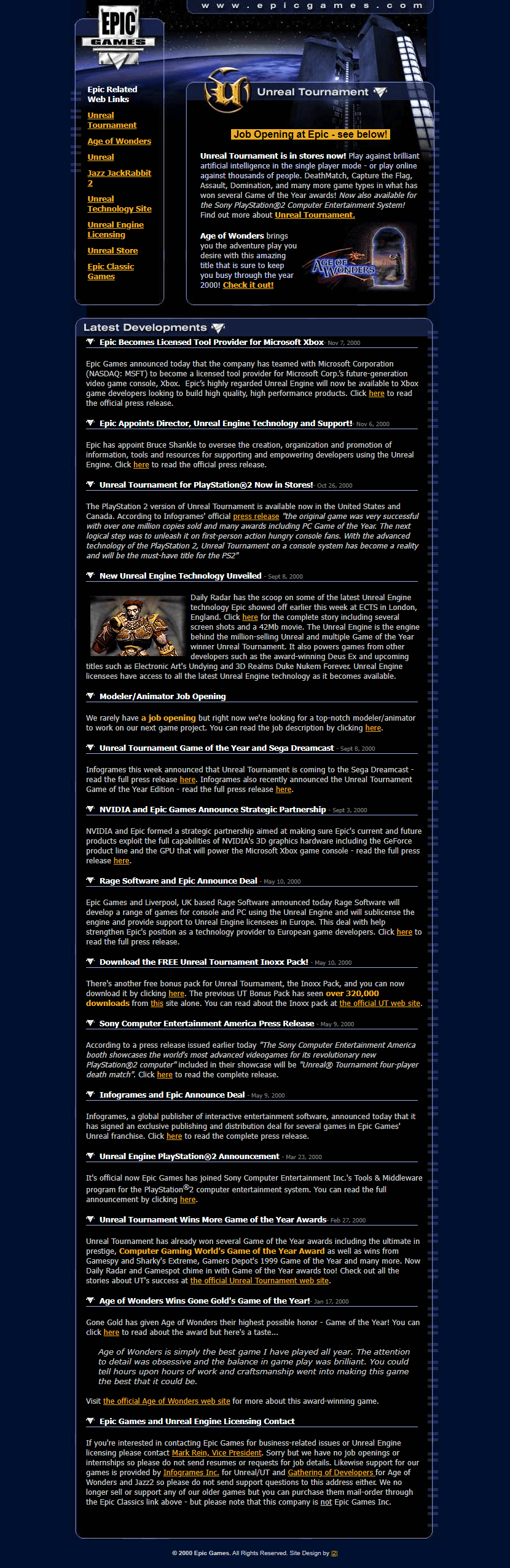 Epic Games website in 2000