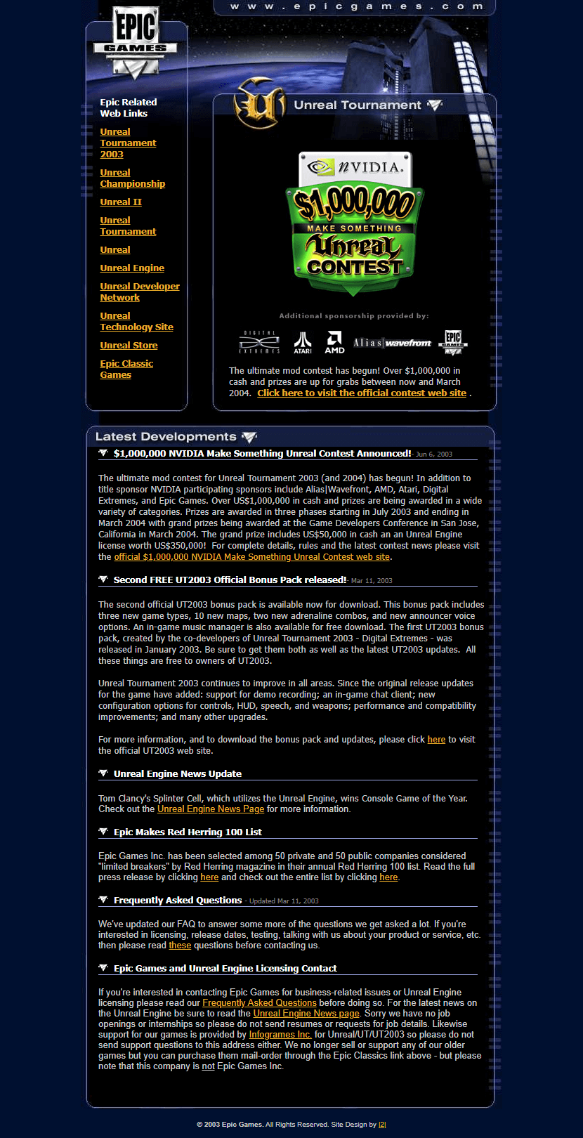 Epic Games website in 2003