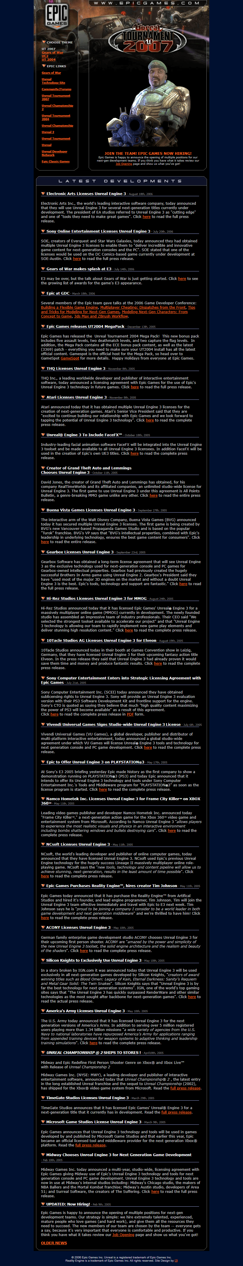 Epic Games website in 2006