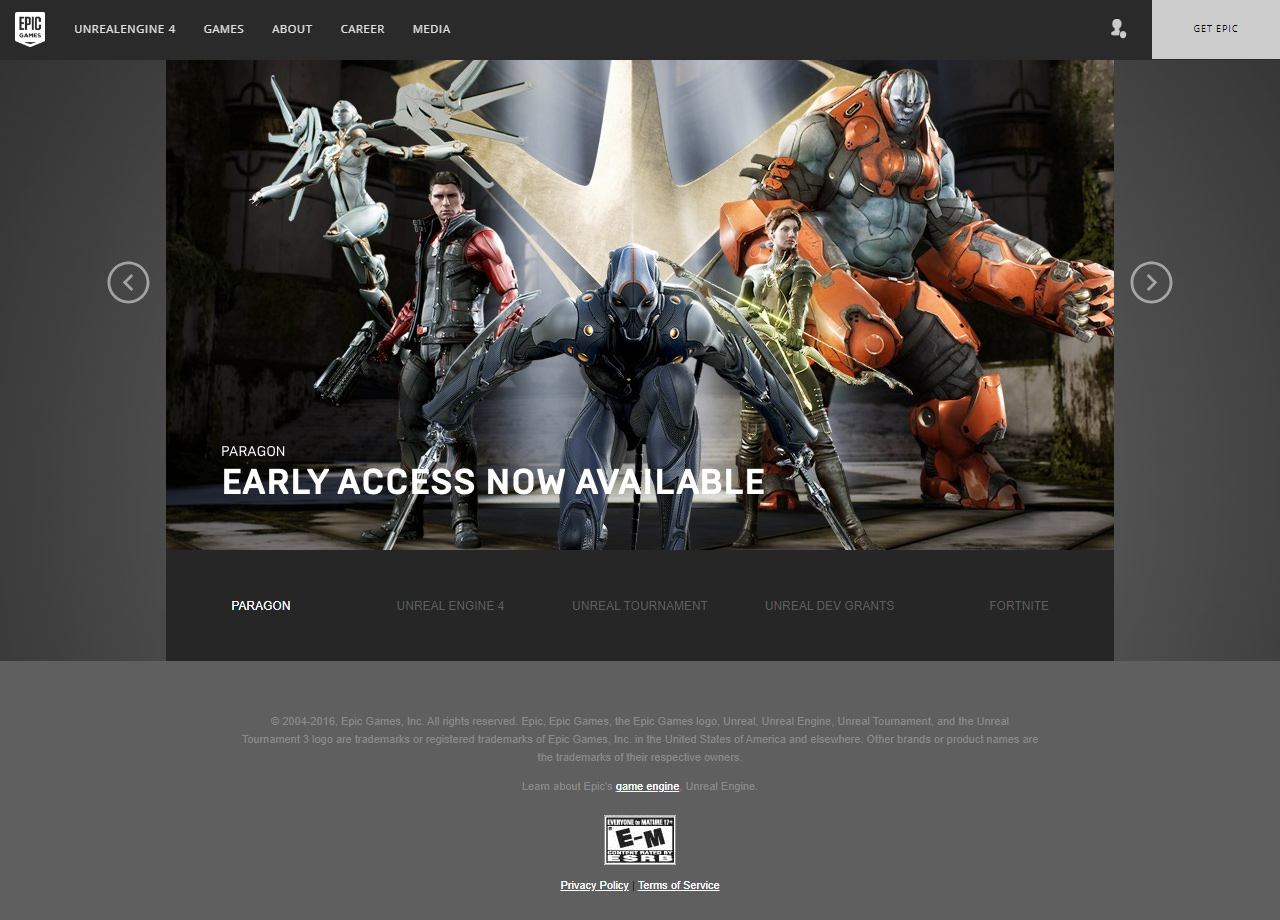 Epic Games website in 2016