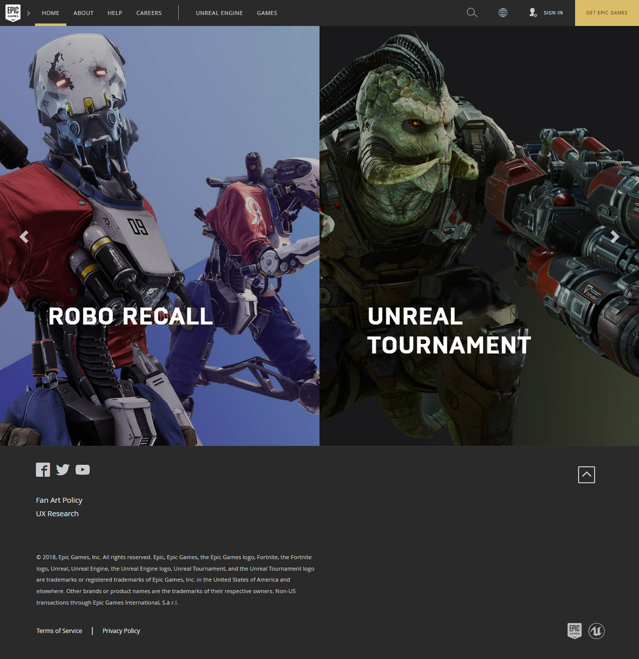 Epic Games website in 2018