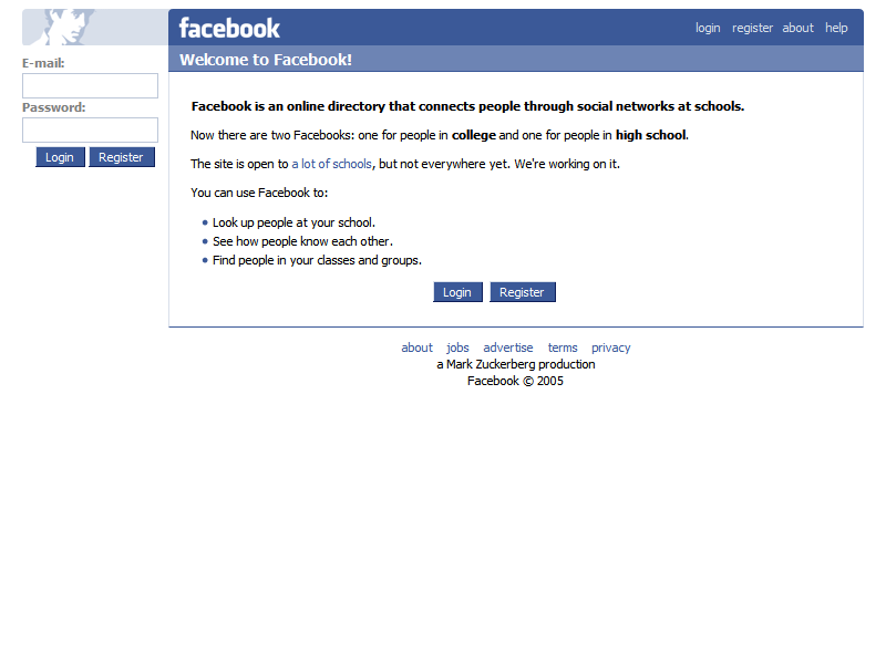 Facebook website in 2005