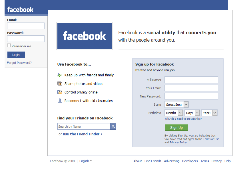 Facebook website in 2008
