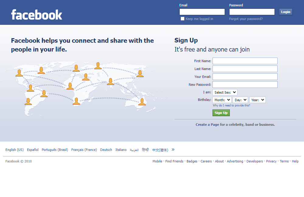 Facebook website in 2010