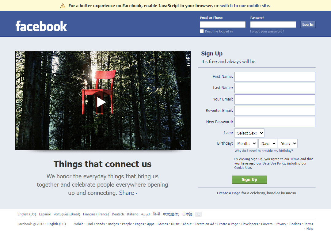 Facebook website in 2012