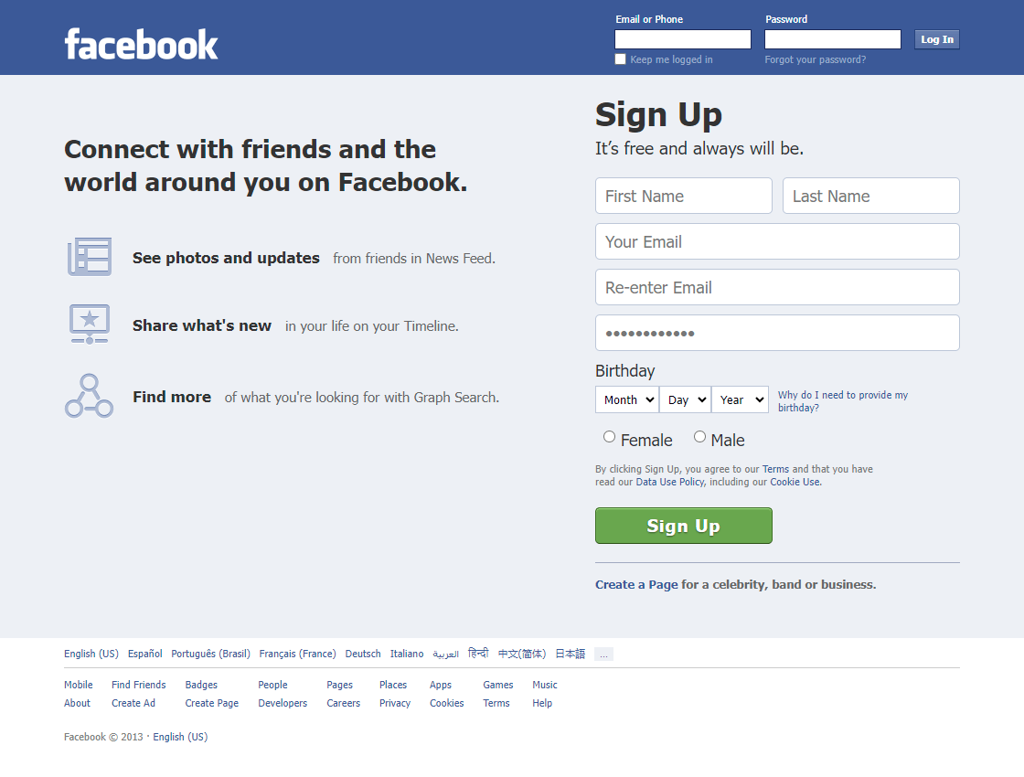 Facebook website in 2013