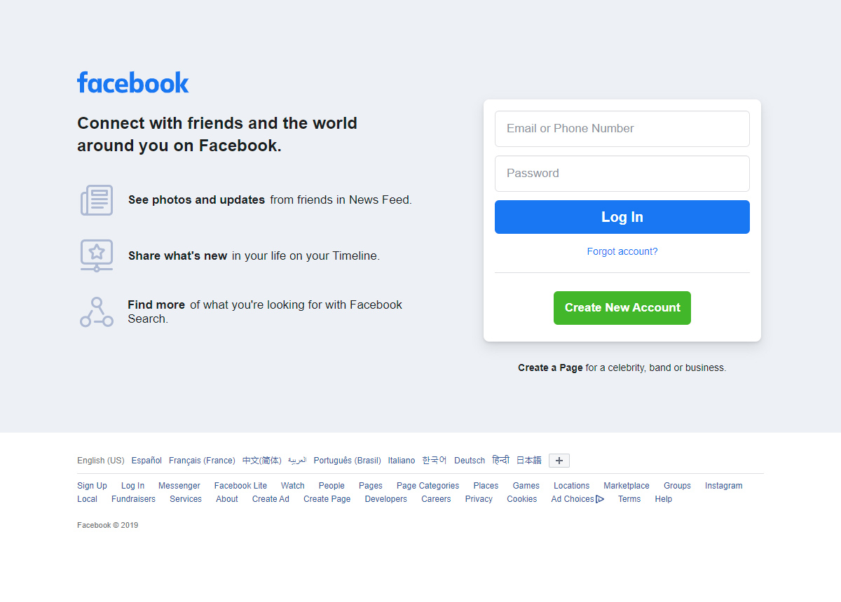 Facebook website in 2019