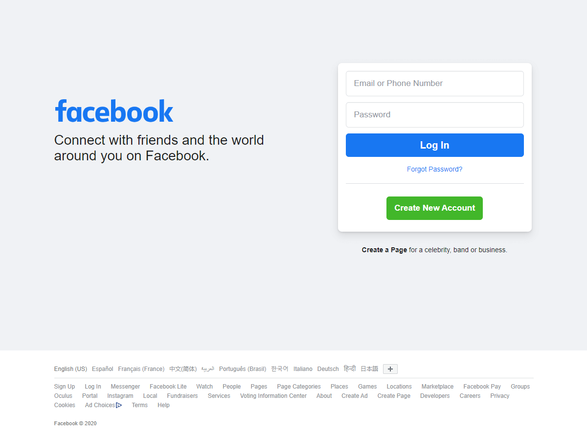 Facebook website in 2020