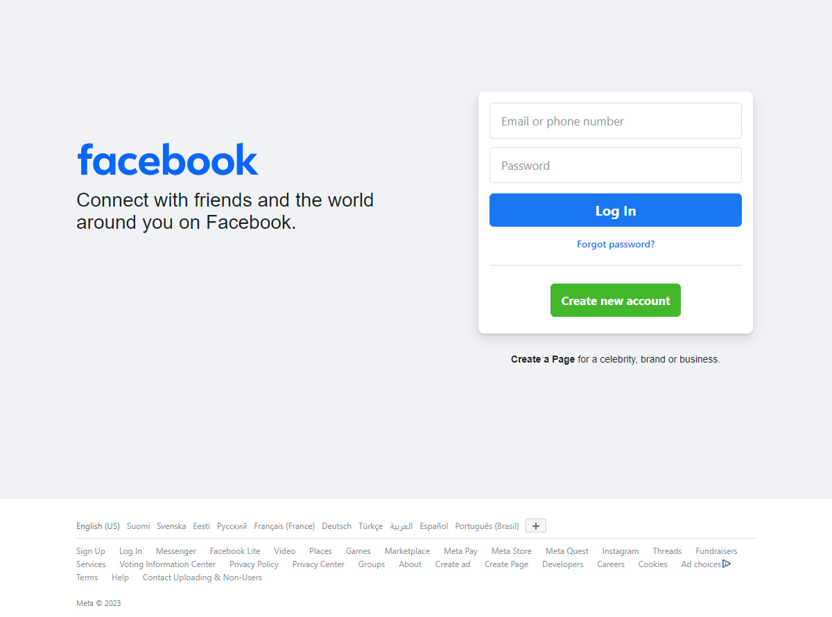 Facebook website in 2023